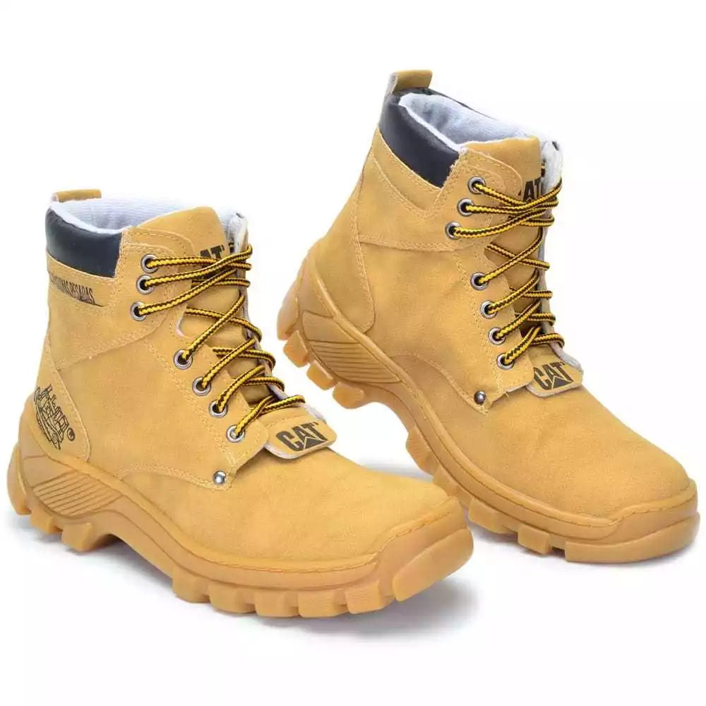 Bota Coturno Caterpillar Masculina Casual Bege Cano Alto Material Sintético Solado Antiderrapante