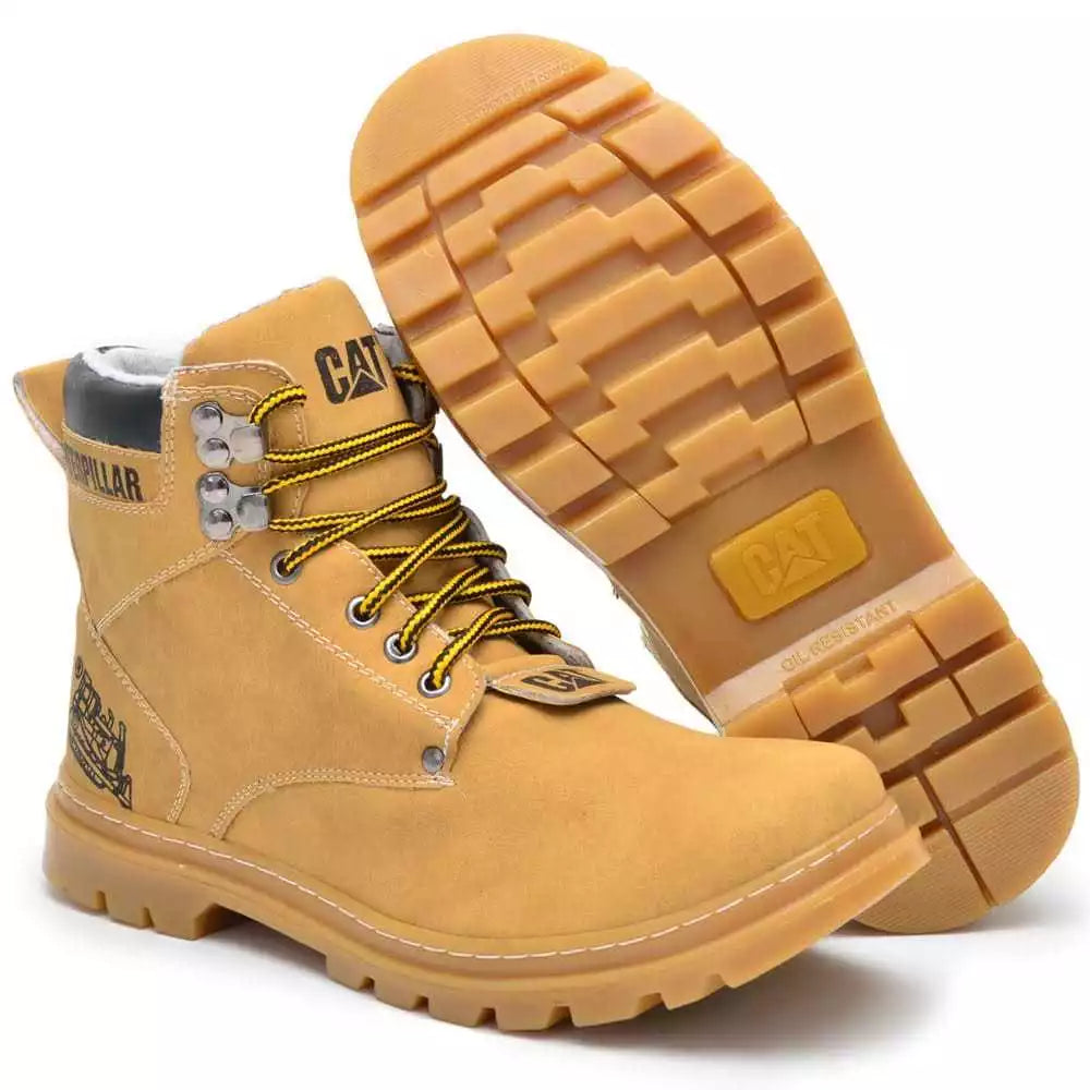 Bota Coturno Caterpillar Masculina Casual Bege Cano Alto Material Sintético Antiderrapante