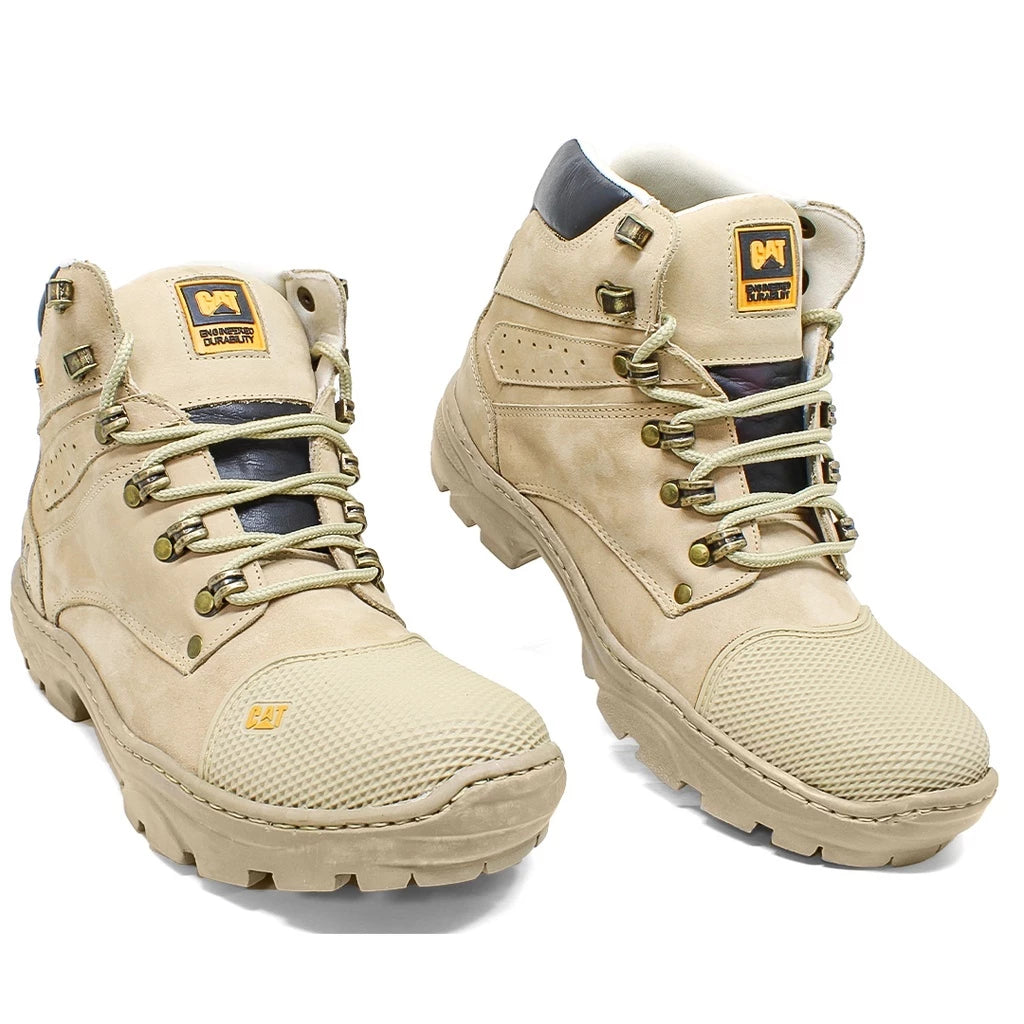 Bota Coturno Caterpillar Masculina em Couro Legítimo Bege Cano Alto Solado Antiderrapante