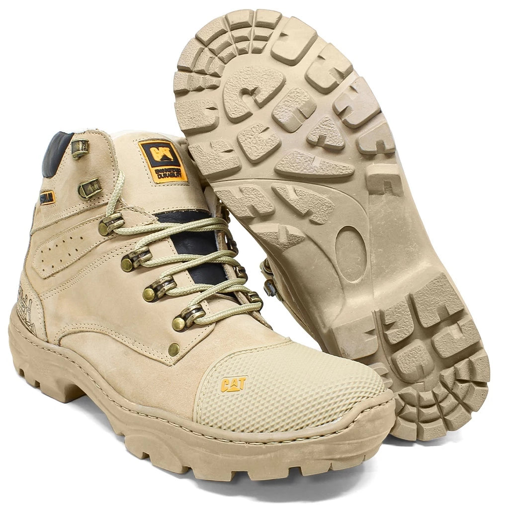 Bota Coturno Caterpillar Masculina em Couro Legítimo Bege Cano Alto Solado Antiderrapante