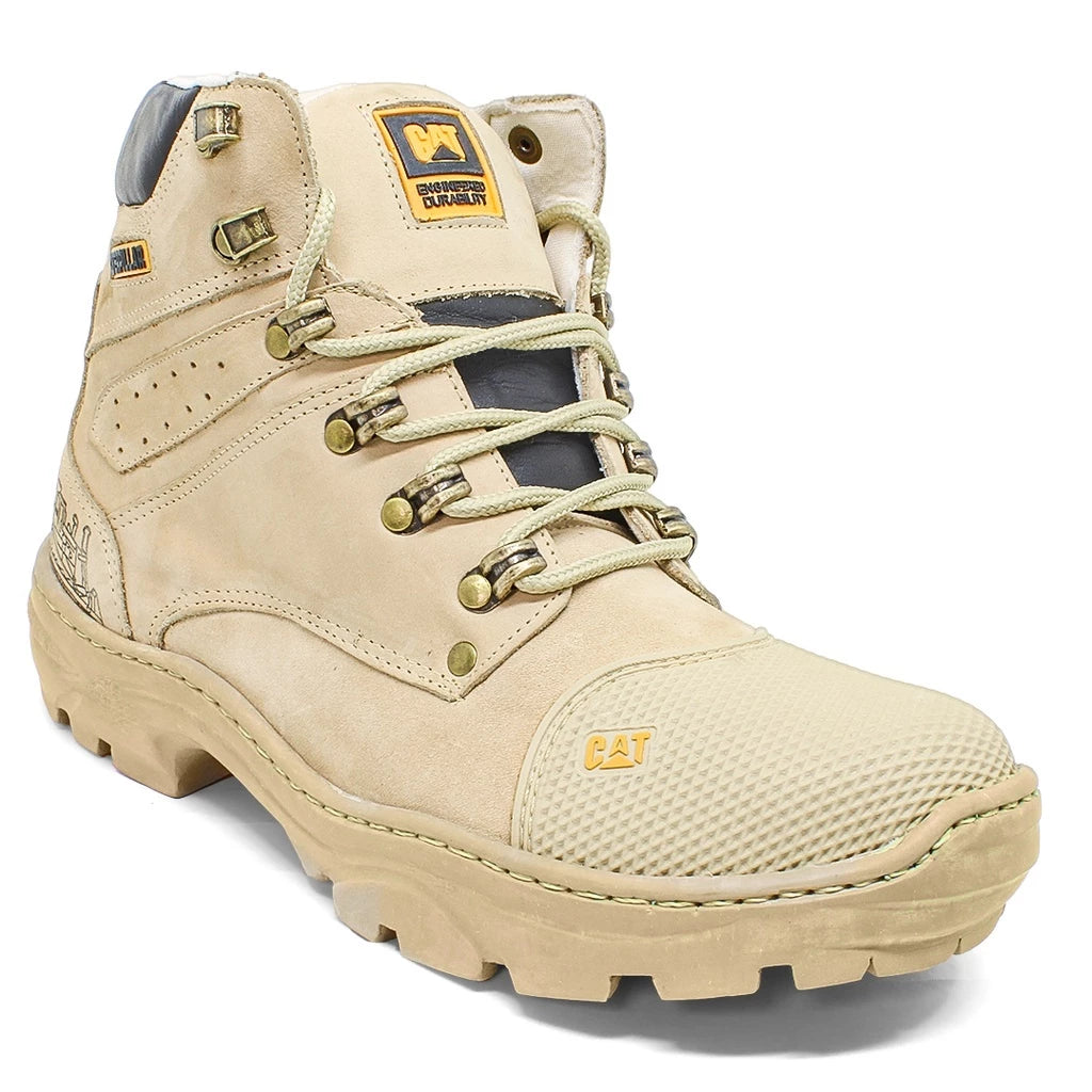 Bota Coturno Caterpillar Masculina em Couro Legítimo Bege Cano Alto Solado Antiderrapante