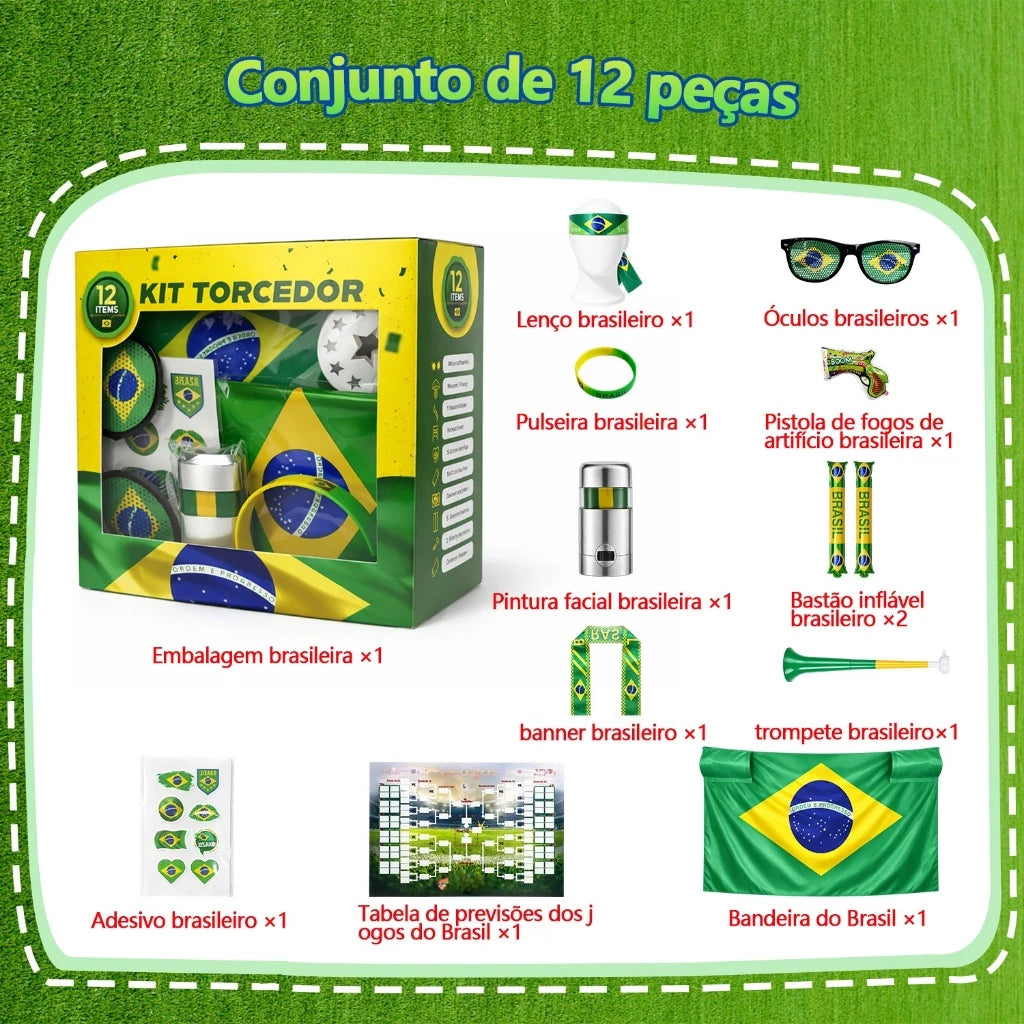 Combo Torcedor Bandeira Copa 2026 Adesivo Trompete Pintura Facial Bandeira Brasil Adesivo Vuvuzela KIT TORCEDOR