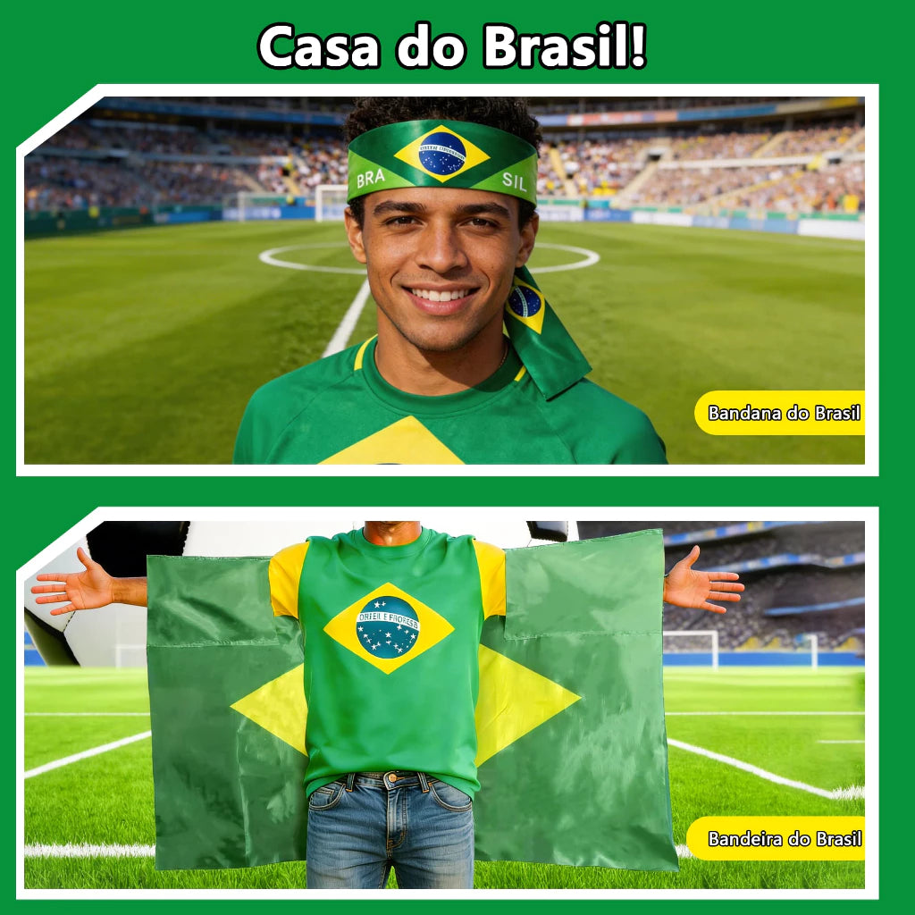 Combo Torcedor Bandeira Copa 2026 Adesivo Trompete Pintura Facial Bandeira Brasil Adesivo Vuvuzela KIT TORCEDOR